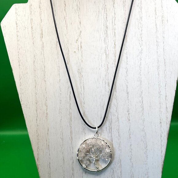 Tree of Life Necklace White Quartz Crystal Chip Pendant Bohemian Hippie Jewelry - Picture 2 of 8
